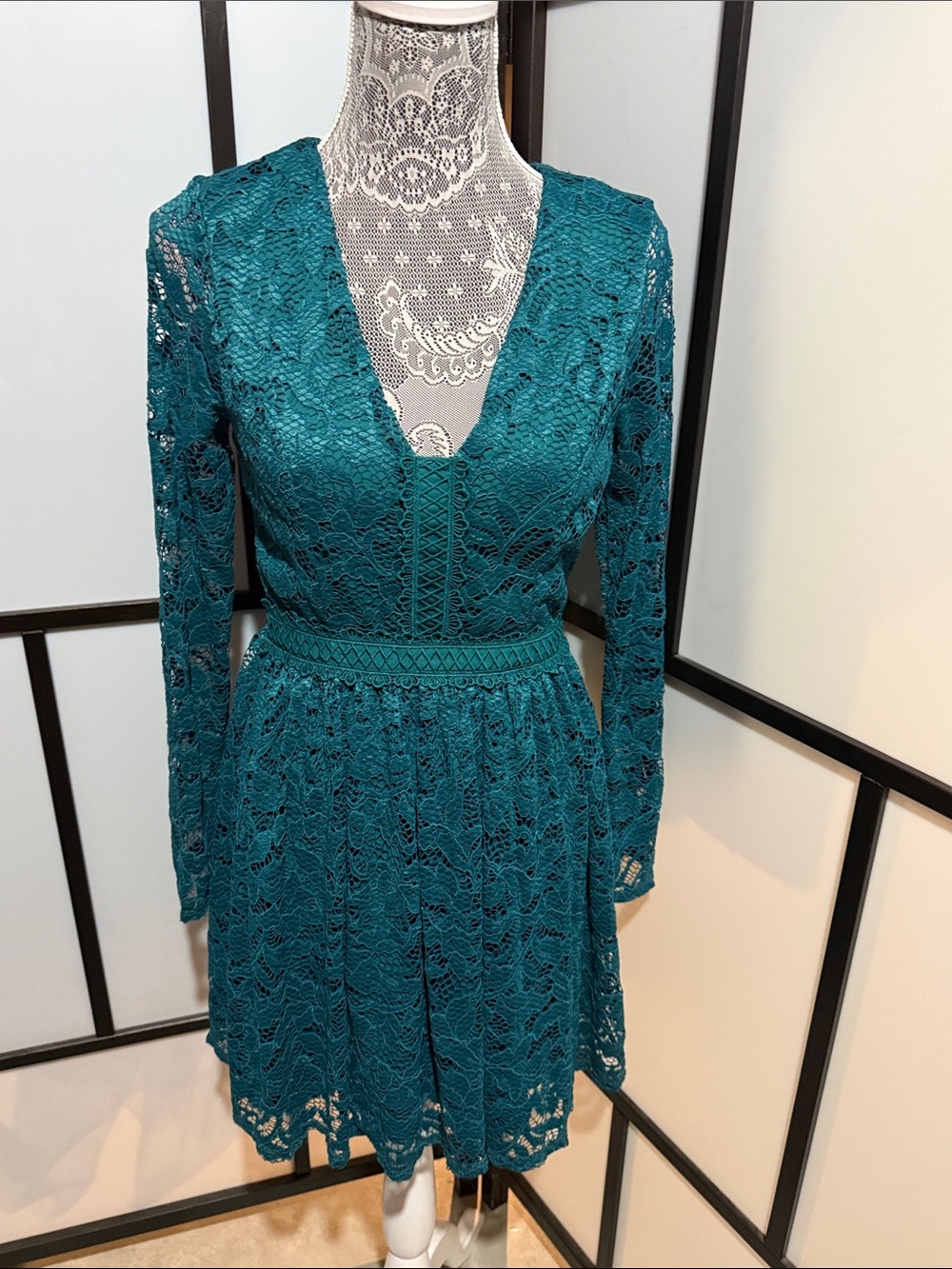 Altar'd State Teal Lace V-Neck Long Sleeve Dress